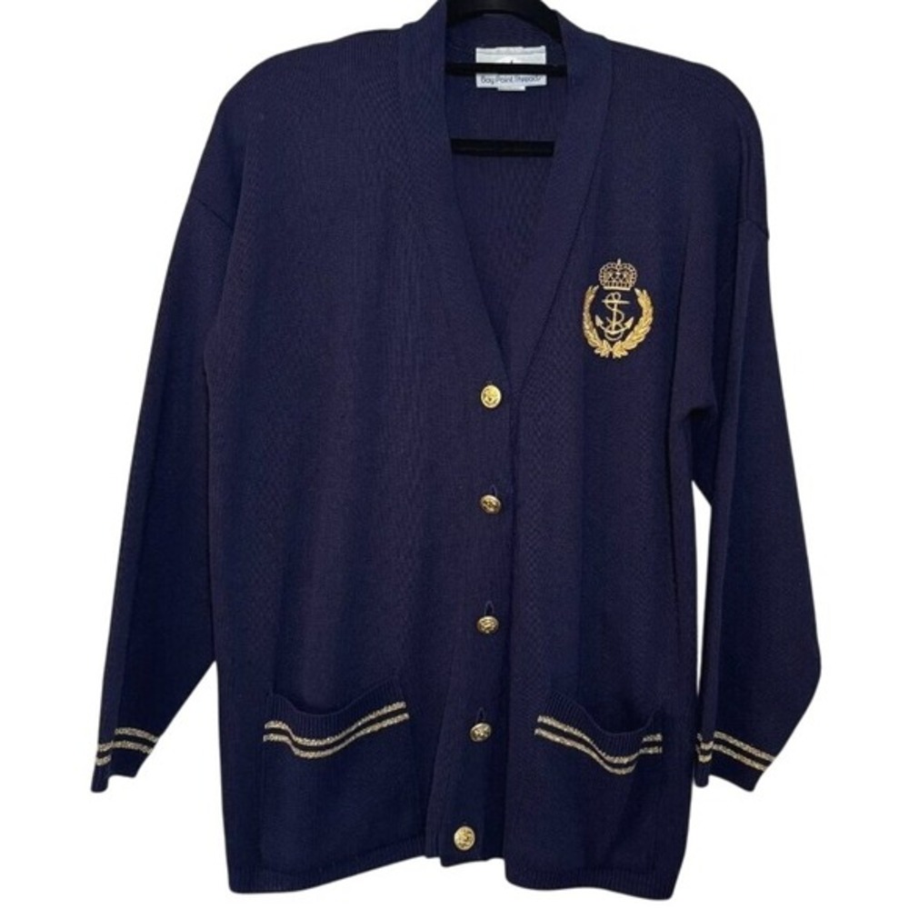 Bay Point Threads Knit Cardigan Women's Medium Navy Blue Vintage Preppy Nautical